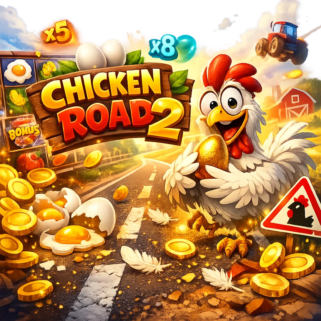 Dynamic promo image of Chicken Road slot featuring a comedic chicken, road lanes, eggs, and coins